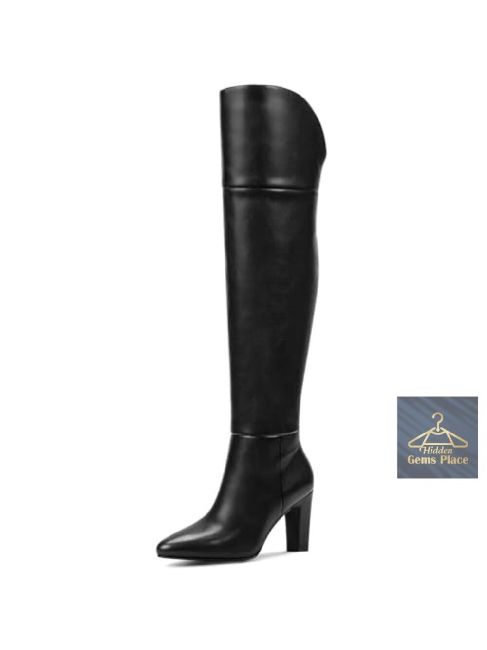 Faux Leather Thigh High Boots Pointed Toe Chunky Heel Over the Knee